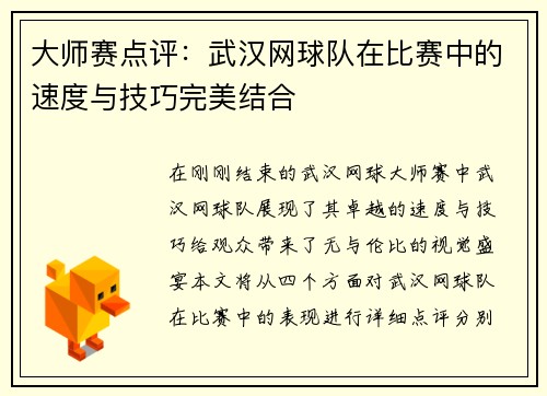 大师赛点评：武汉网球队在比赛中的速度与技巧完美结合